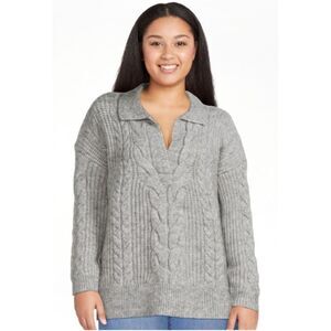 Time and Tru Chunky Cable Knit Polo Sweater Grey Womens XL 16 18 Cozy Oversized